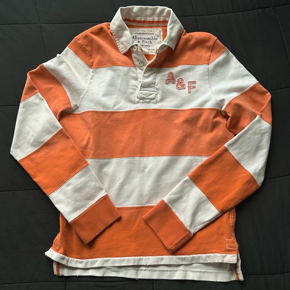Abercrombie & Fitch Orange and White Striped Rugby long sleeve Shirt